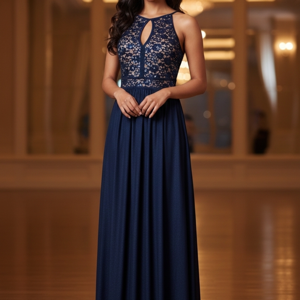 Morgan & Co. Elegant Navy Lace Maxi Dress